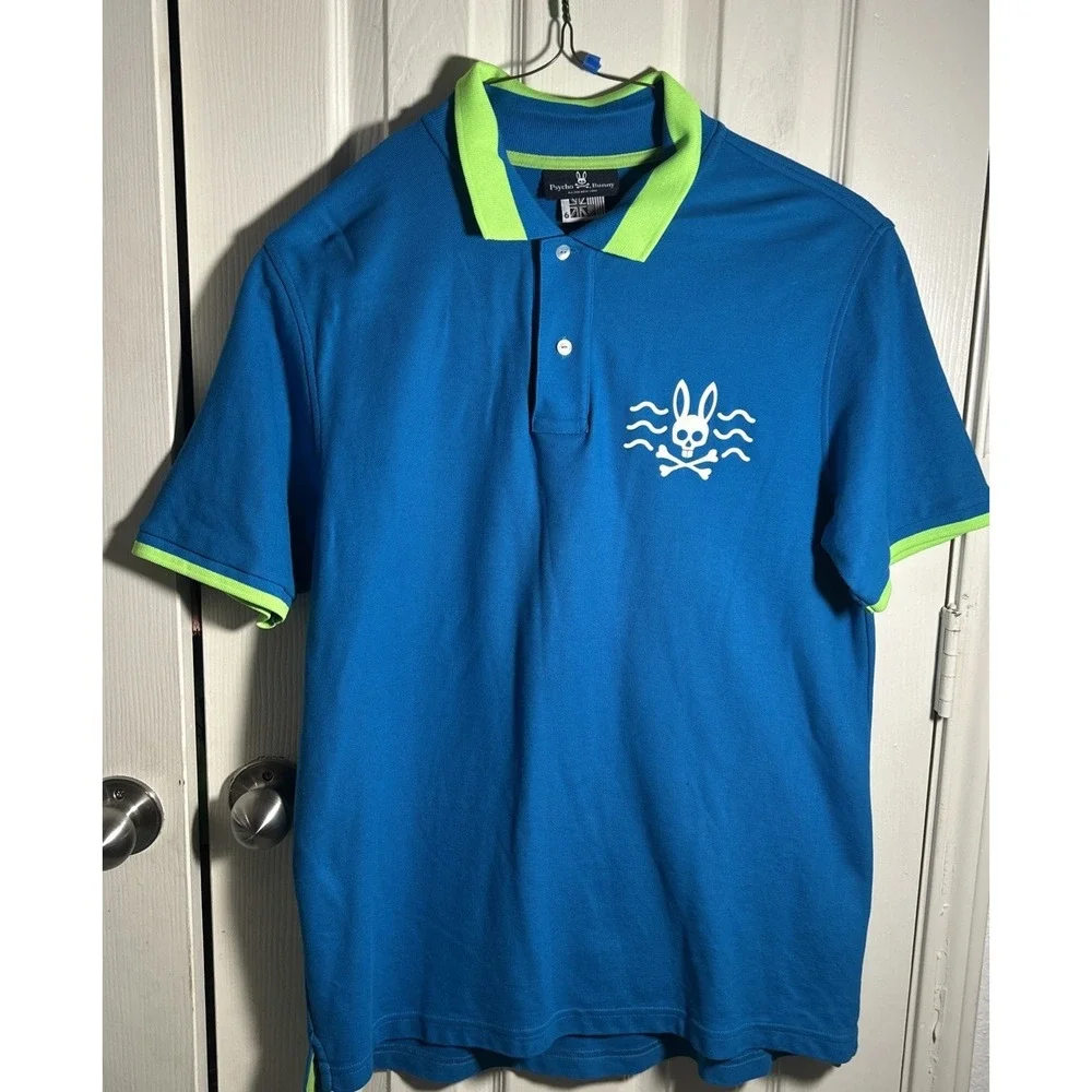 PSYCHO BUNNY Mens Size 6/L Polo Shirt Blue Pima Cotton Large Logo